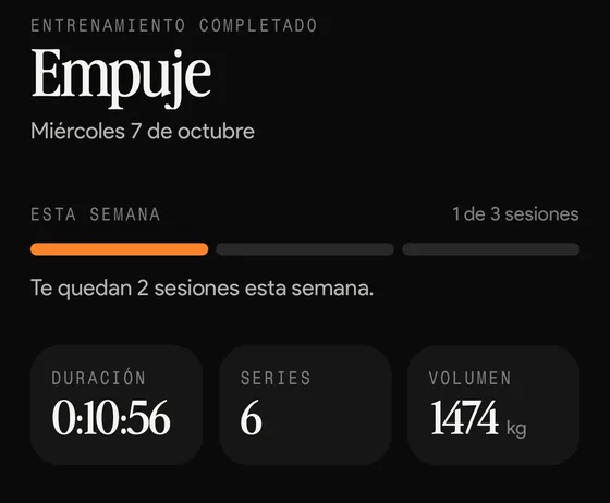Resumen de un entrenamiento completado en Kaizer con duración, series y volumen